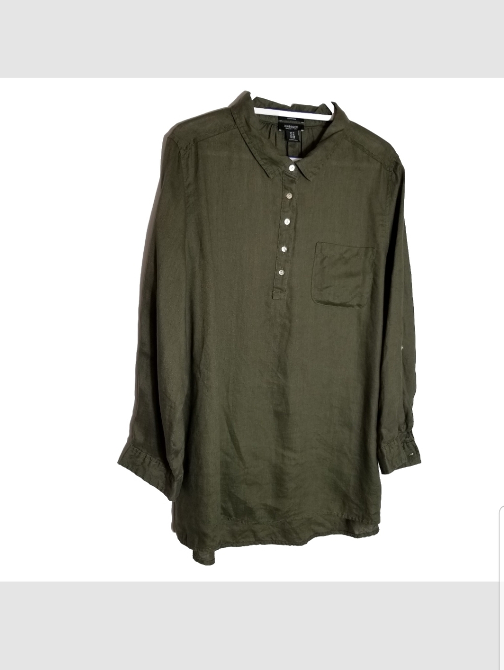 New York & Company Shirt Women's 1X Olive Green Long Roll Tab Sleeve 100% Linen